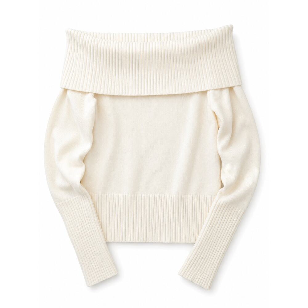 Women’s Ivory Off Shoulder Sweater Ribbed Foldover Cowl Neck Knit Pullover - Picture 2 of 10